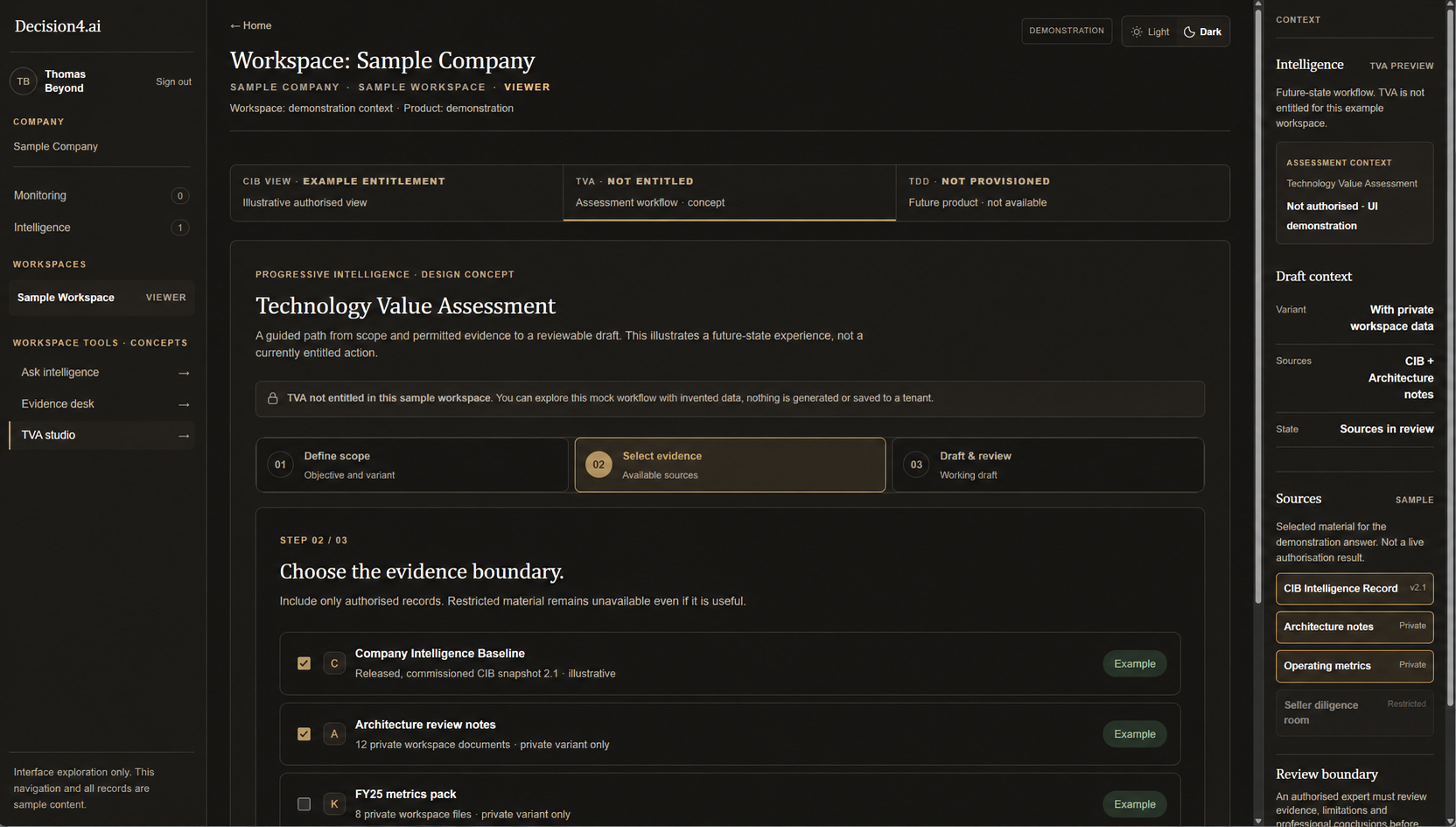 Illustrative Technology Value Assessment workspace showing an evidence selection step, source context and assessment boundaries
